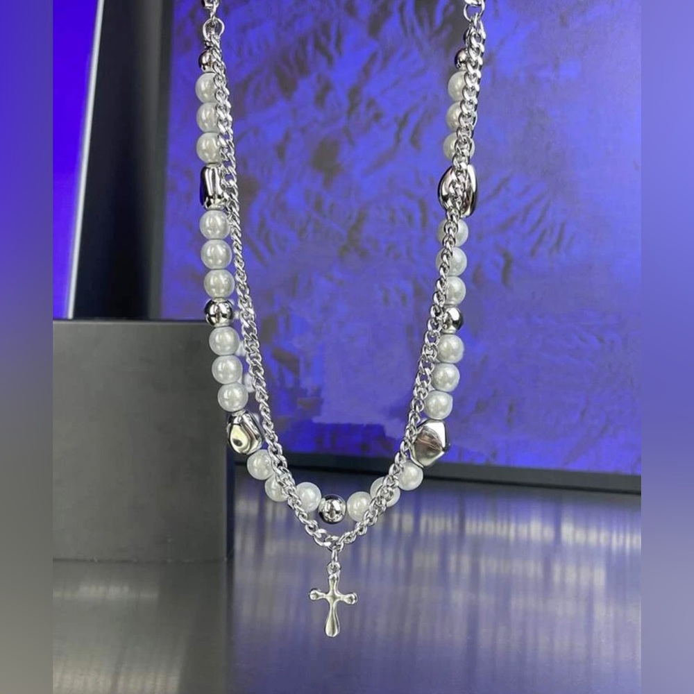 † Men’s Silver & Gray Faux Pearl Stainless Steel Layered Necklace